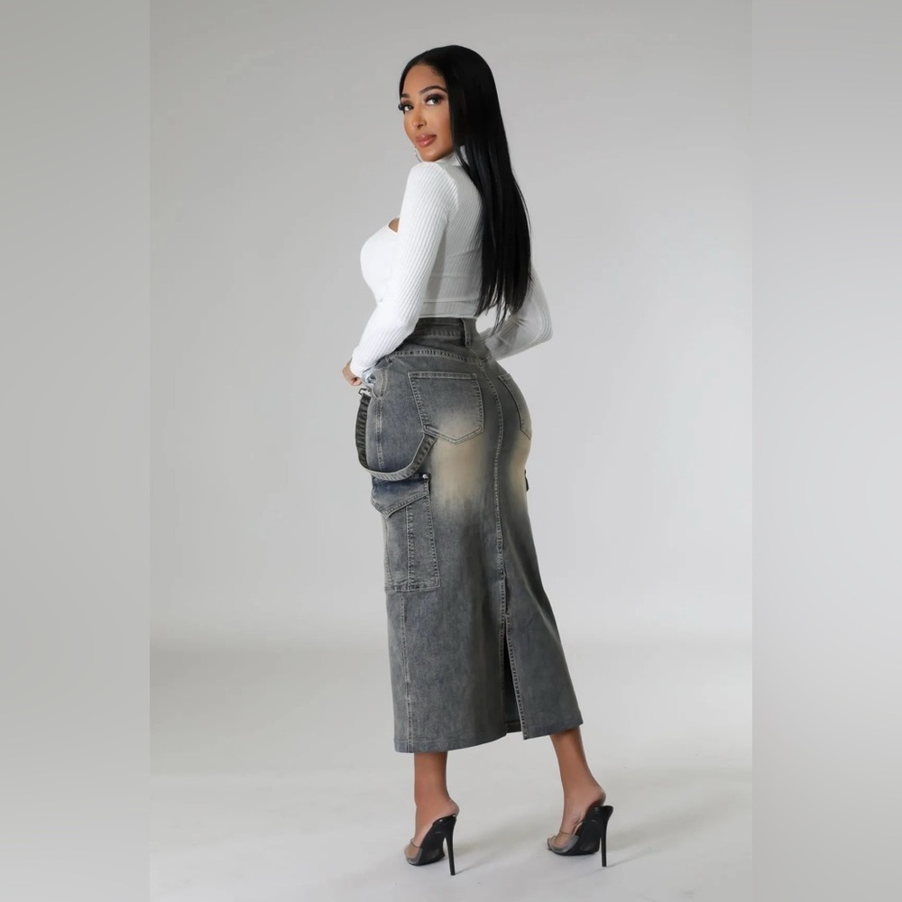 White Cutout Top and Gray Denim Skirt - Picture 3 of 3